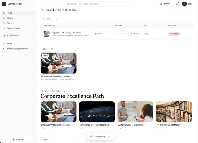 LMSMore learner home showing in-progress courses, a learning path, and featured courses